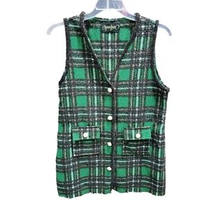 Spoon Jeans Green Plaid Pearl Button Vest Women’s Size L